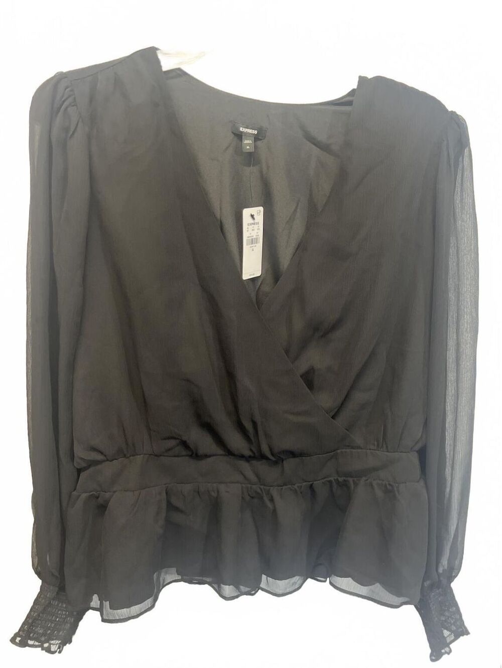Express Peplum Blouse Date Night Sheer Long Sleeve Women XL V-neck Wrap Top NEW